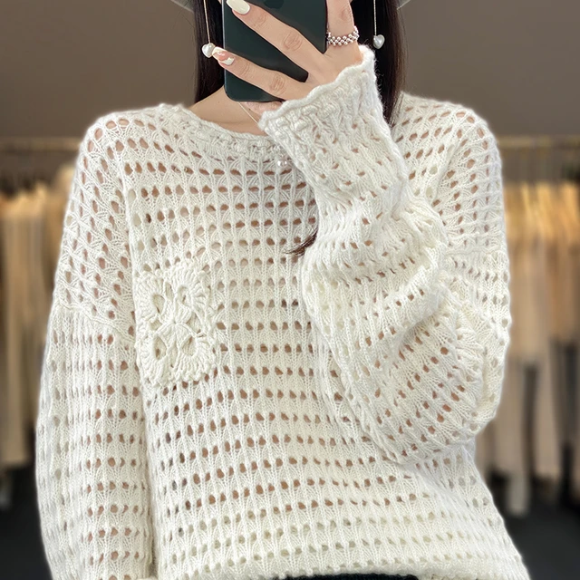 European and American trend 100% pure wool sweater casual hollow out women's  knitted long sleeved