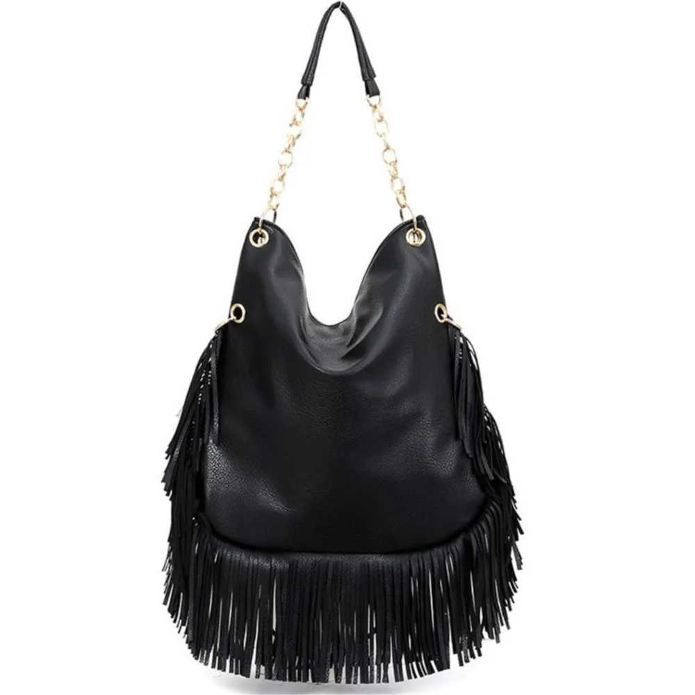 JIAERDI Vintage Beading Black Handbag Women Large Capacity Tassel Casual Shoulder Bags Female Retro Soft Leather Handbags Purse