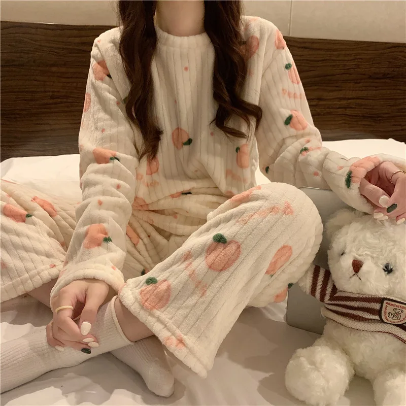 Cute Sweet Autumn Winter Warm Pajama Set Women Fleece Print Soft Homewear Female Sleepwear Pyjamas 2 Piece Sets pijama mujer