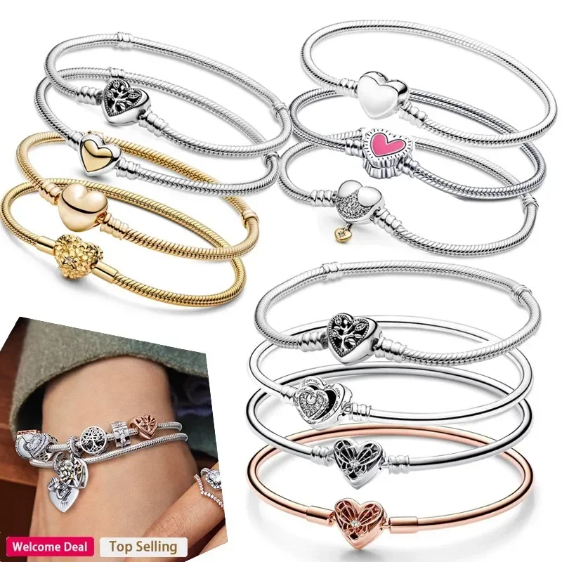 

Women's Hot 925 Sterling Silver For Original Charm Gold Love Heart Daisy Snake Bone Bracelet DIY Light Luxury Jewelry