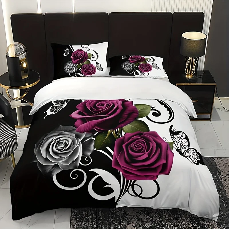 3PCS Rose and Butterfly Floral Duvet Cover Set - 100% Polyester,  Breathable Bedding with 1 Duvet Cover and 2 Pillowcases