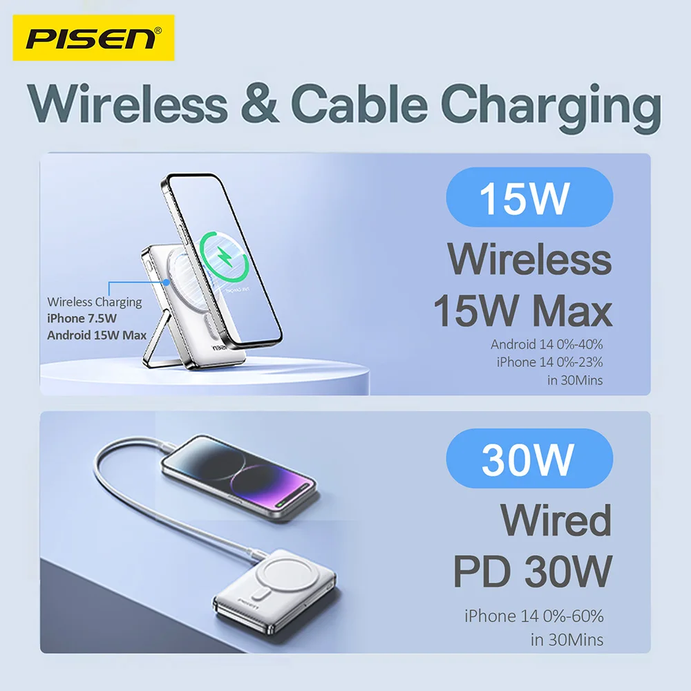 PISEN 30W 10000mAh Magnetic Wireless Power Bank with Stand LED Digital Display Fast Charging External Battery for Samsung Xiaomi 2