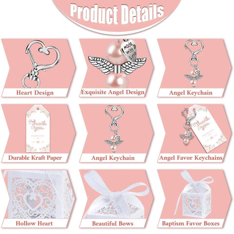 Set 50 Portachiavi Angelo Con Sacchetti Organza E Etichette Ringraziamento – Bomboniere Per Battesimo, Matrimonio, Baby Shower