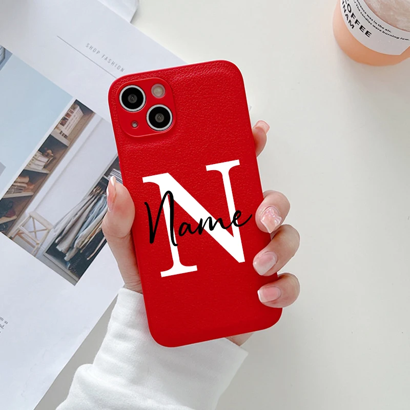 Custom Name Case For iPhone X XR XS 15 11 13 12 Mini 14 Pro 11Pro 14Pro Max 7 8 Plus ProMax 8Plus Text Leather Color Back Cover