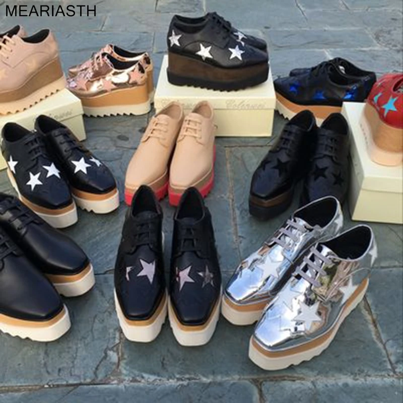 

wholesale platform wedge women shoes Genuine leather square toe shoes hot sale height increasing star shoes Wedge Heels Shoes