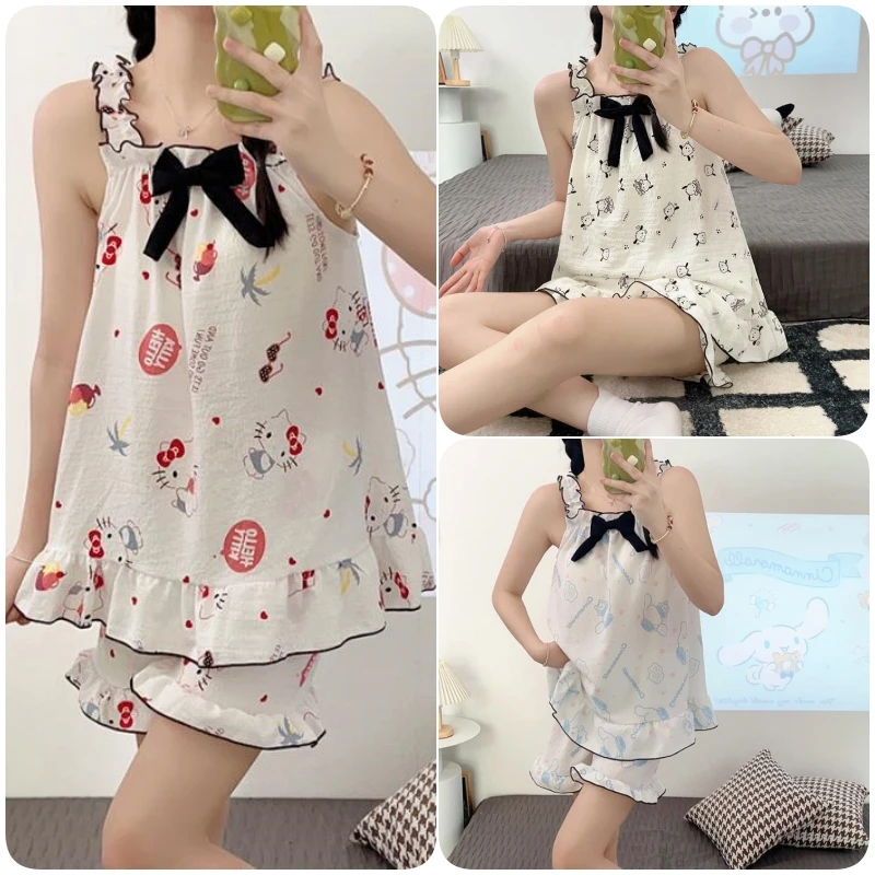 

Anime Hello Kitty MINISO Girl Suspender Shorts Pajama Set Kawaii Pochacco Cinnamoroll Cartoon Women's Summer Thin Home Clothing