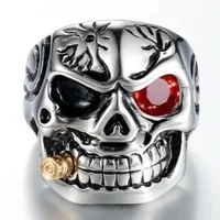 Vintage Men's Ring with Embedded Diamonds Single Eye Dragon Cigar Snowflake Skull Head Ring Halloween Jewelry