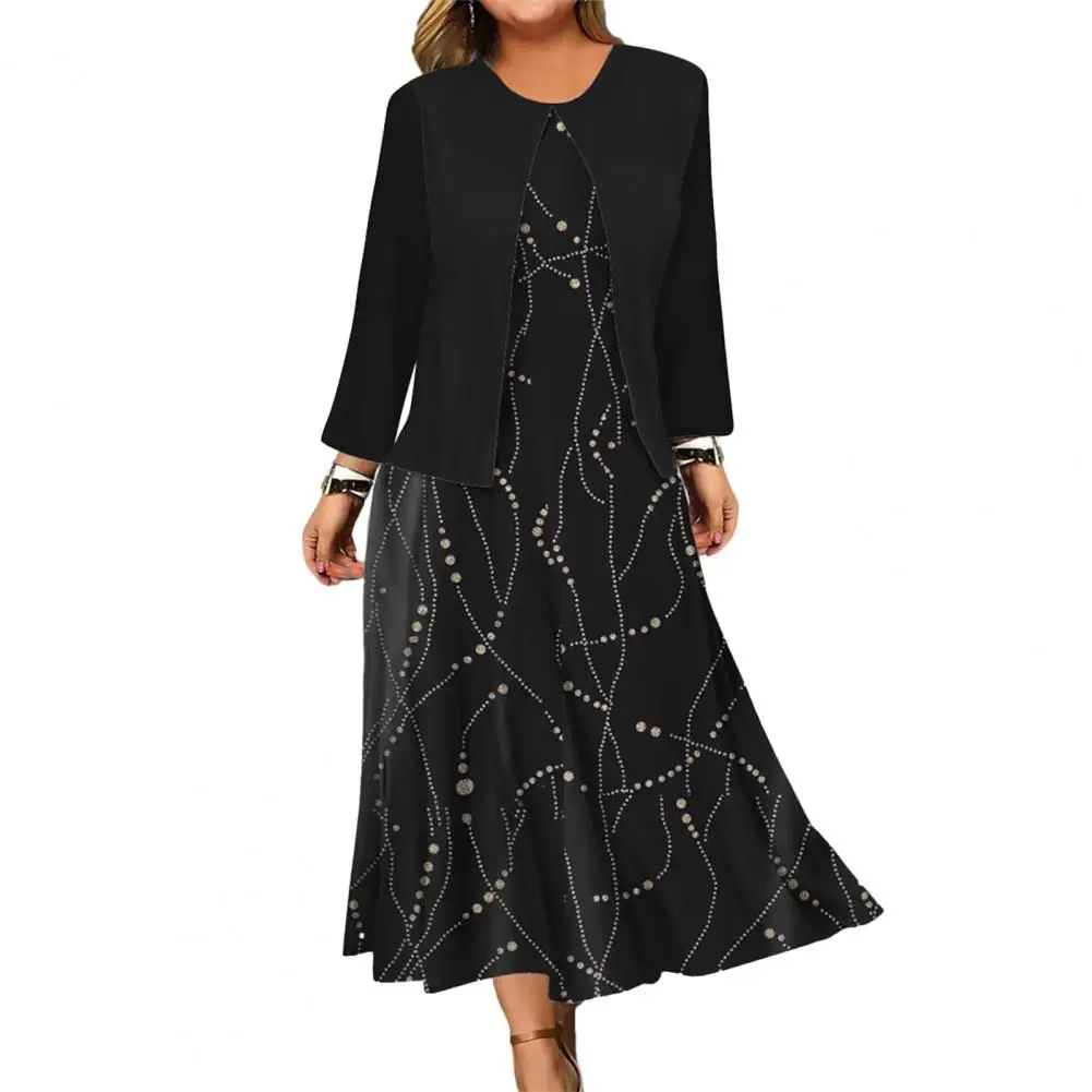 

Autumn Women Dress Coat Set Dot Butterfly Print Long Sleeve Suit Coat Large Hem Maxi Dress Elegant Two Piece Set