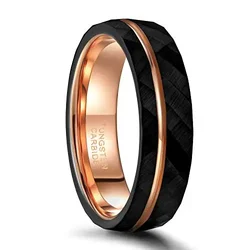 Elegant Hammered Black Tungsten Ring with Thin Rose Gold Groove - Comfort Fit Wedding Band for Men and Women (6mm)