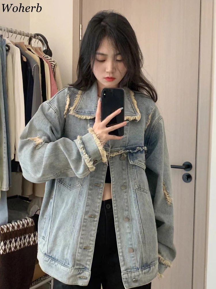 KOSAHIKI Chaquetas vaqueras Vintage para mujer, abrigo rasgado con chaqueta holgada informal que combina con todo, abrigos Harajuku Y2k de moda coreana| | - AliExpress