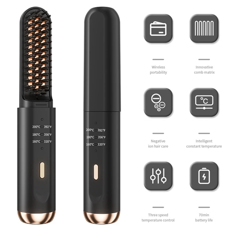 Multifunctional Cordless Hair Straightener Brush Fast Heated Straightener Brush Negative Ions Electric Hot Comb Hair (Black) 6