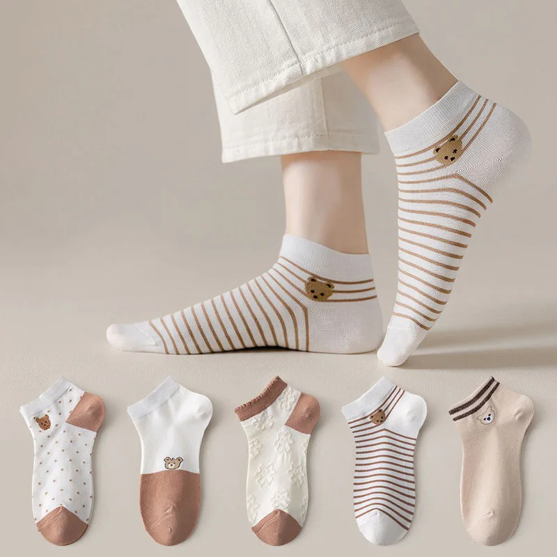 

5 Pairs Women Socks Cute Cartoon Harajuku Spring Summer Animal Bear Flower Low Top Short Section Kawaii Women's Cotton Socks