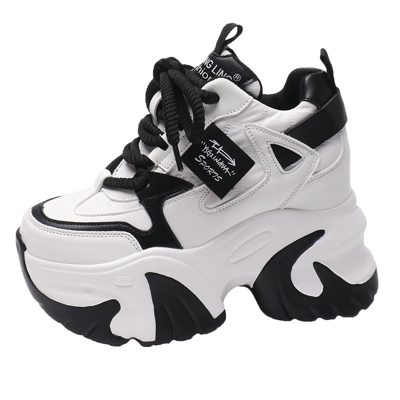 Women High Platform Casual Leather Shoes Autumn Lace-up Chunky Sneakers 10CM Wedges Hidden Heels Leisure Shoes