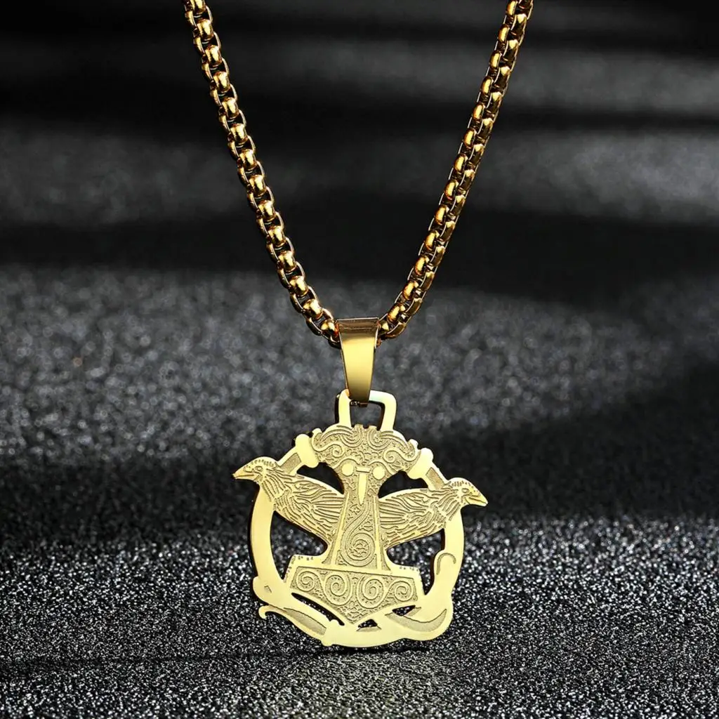 Martello Thors In Argento Kiniziale Con Collana Corvo, Pendente Mjolnir, Pendente Vichingo Medaglione Odin Vichingo Pagan Norse