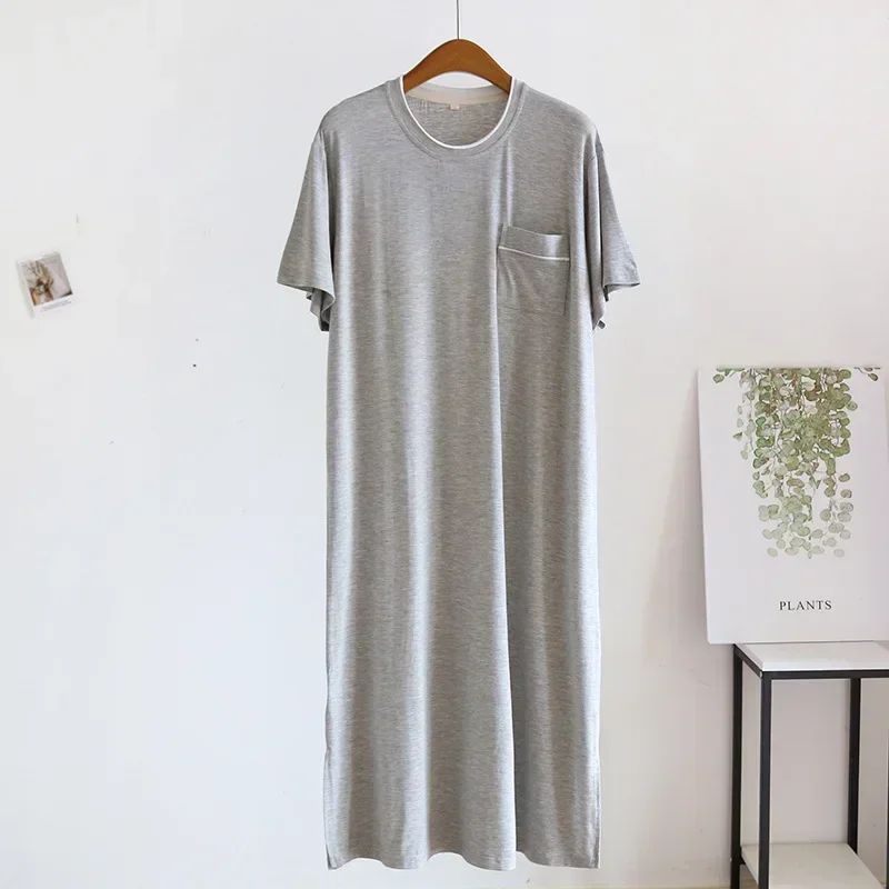 Men's Modal Nightgown with Pocket One Piece Short Sleeved Medium Length Nightgown Large and Thin Home Bath Nighty Dress mens pajamas mens nightdress