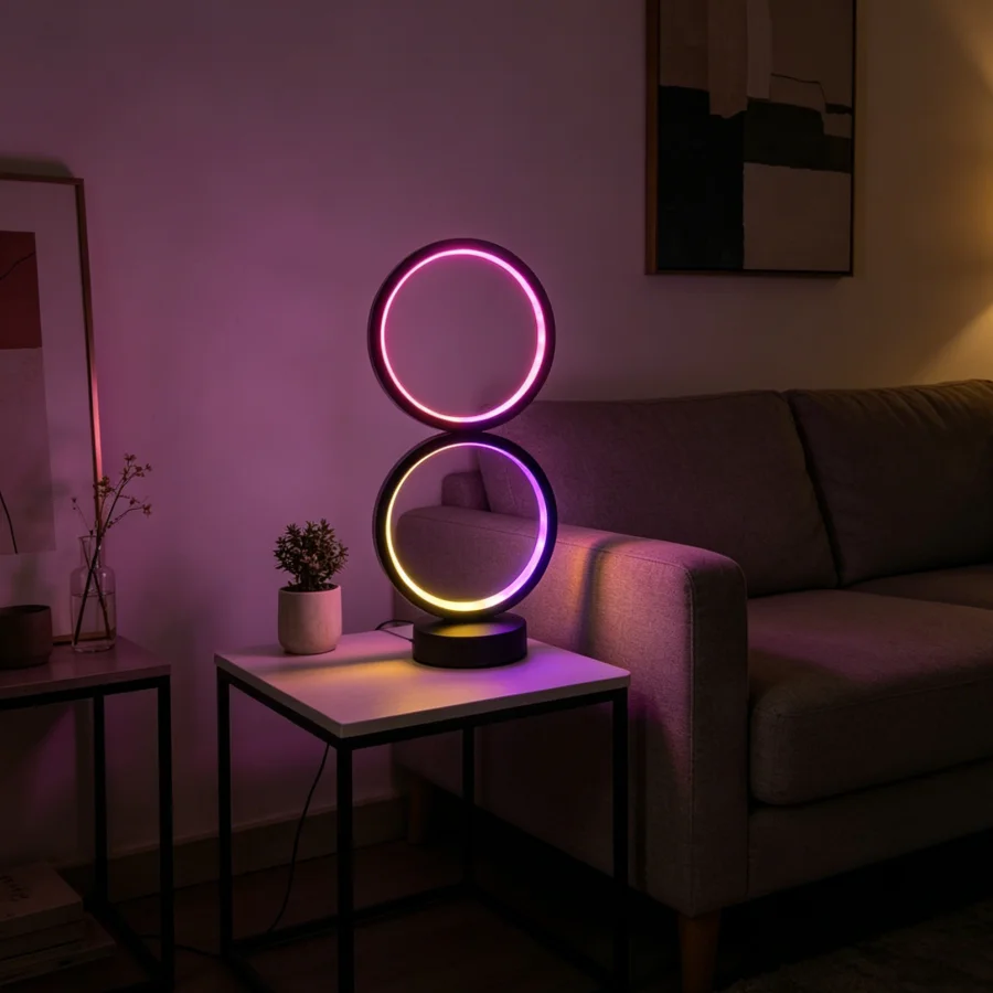 1PC RGB 이중 원형 LED 테이블 램프, 리모컨으로 색상 변경 가능한 무드등, 파티 게임룸용 모던 나이트스탠드 램프