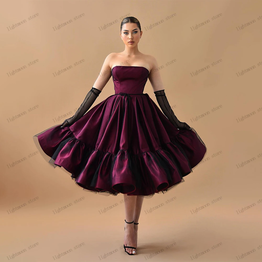 

Elegant Evening Dresses A-Line Satin And Tulle Tiered Prom Dress Sexy Strapless Ball Gowns Tea-Length Robes Vestidos De Gala