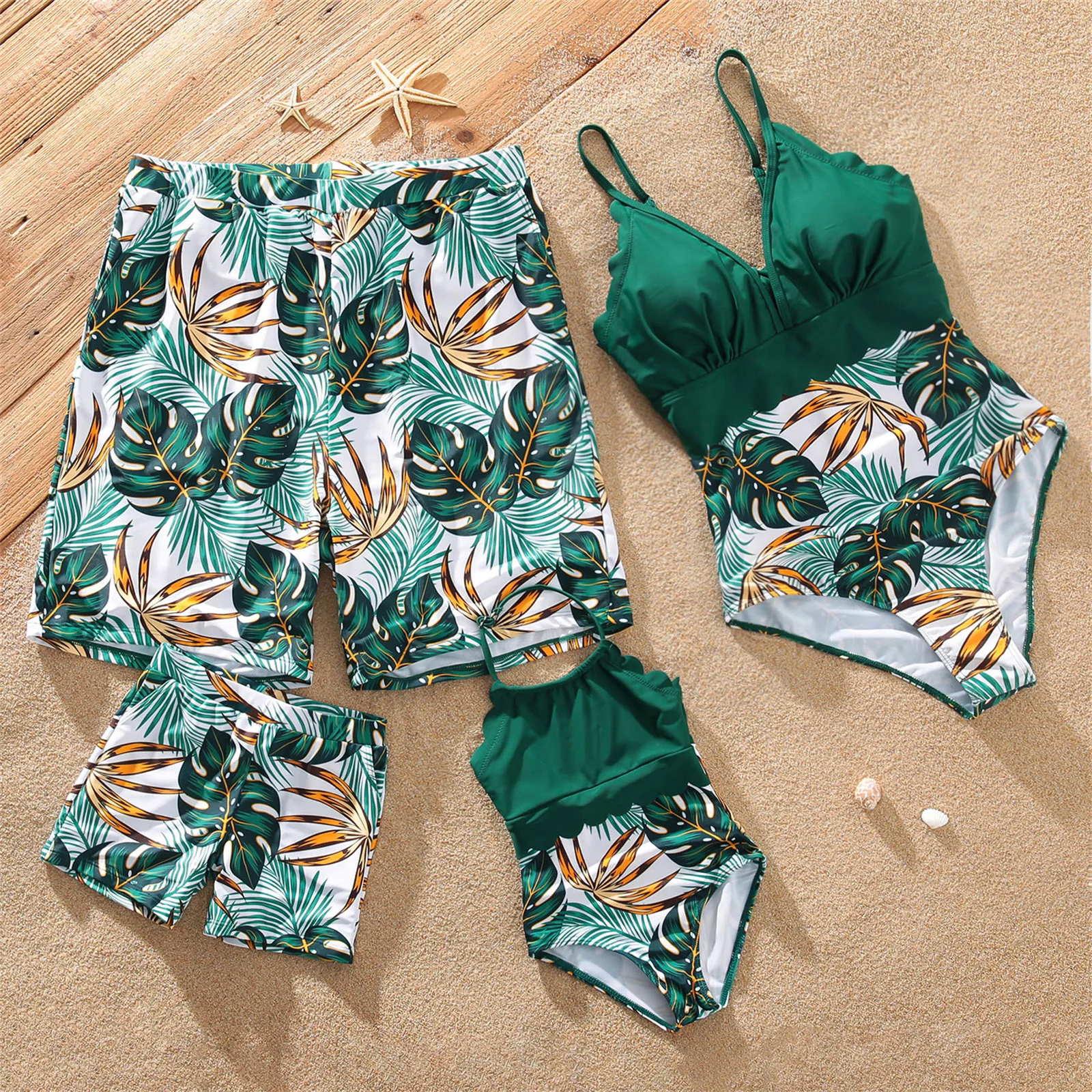 One-pieces Family Matching Outfits Swimsuit Mama Mother and Daughter and Son Dad Swim Shorts V Neck Swimwear