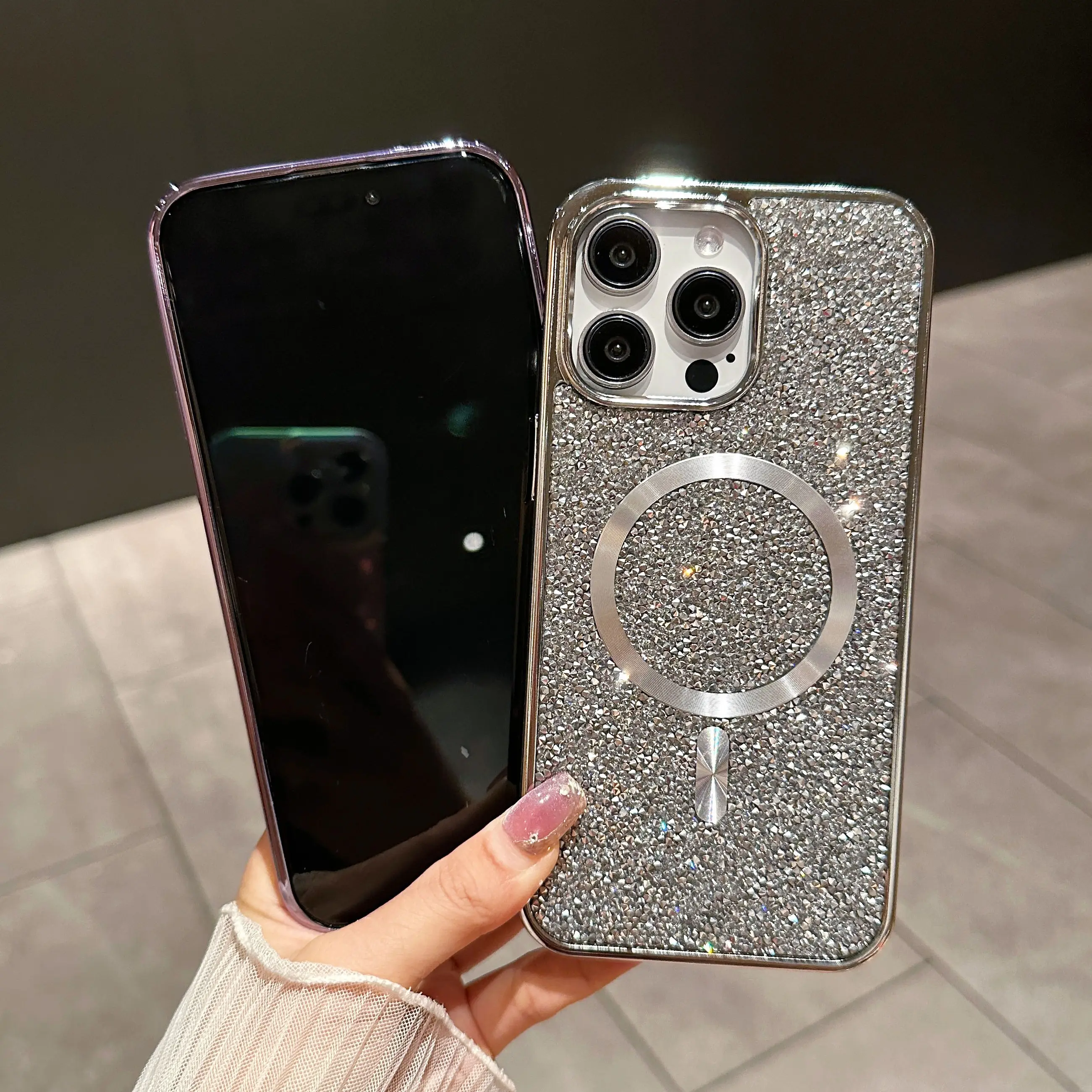 Glitter Shining Diamond Plating Slim Phone Case with Wireless Charging and Magnetic Back Cover