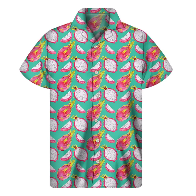 thumbnail image 1 of Camisa hawaiana con estampado 3D de fruta del dragón y naranja y plátano para hombre, blusa hawaiana de manga corta con solapa y botones para playa de verano, 1 of 5