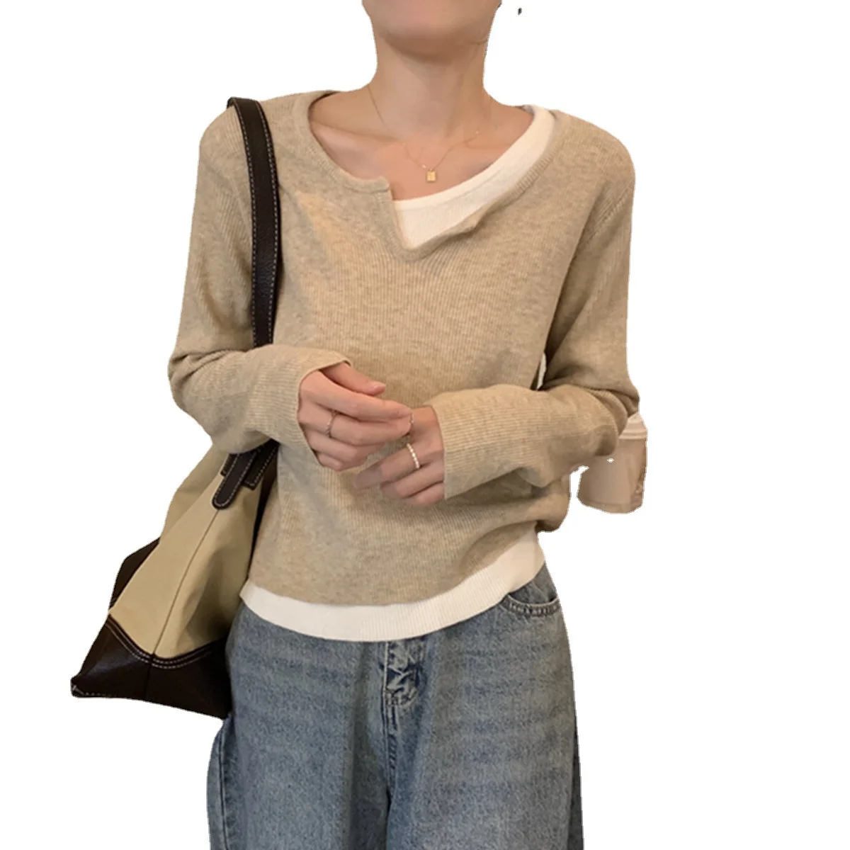 Women Deep V Neck Knitted Sweater Tops Long Sleeve Pullover