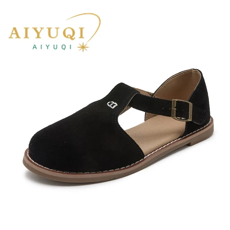 AIYUQI Retro Frosted Leather Women's Roman Sandals - Flat-Soled Hollow Design