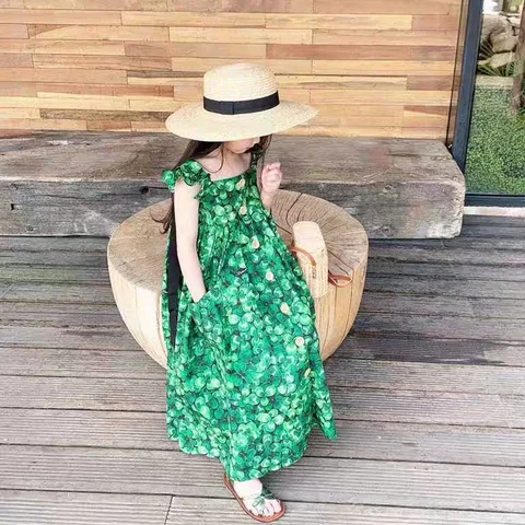 Summer Girls Fashion Print Green Sleeveless Dress Princess Dress