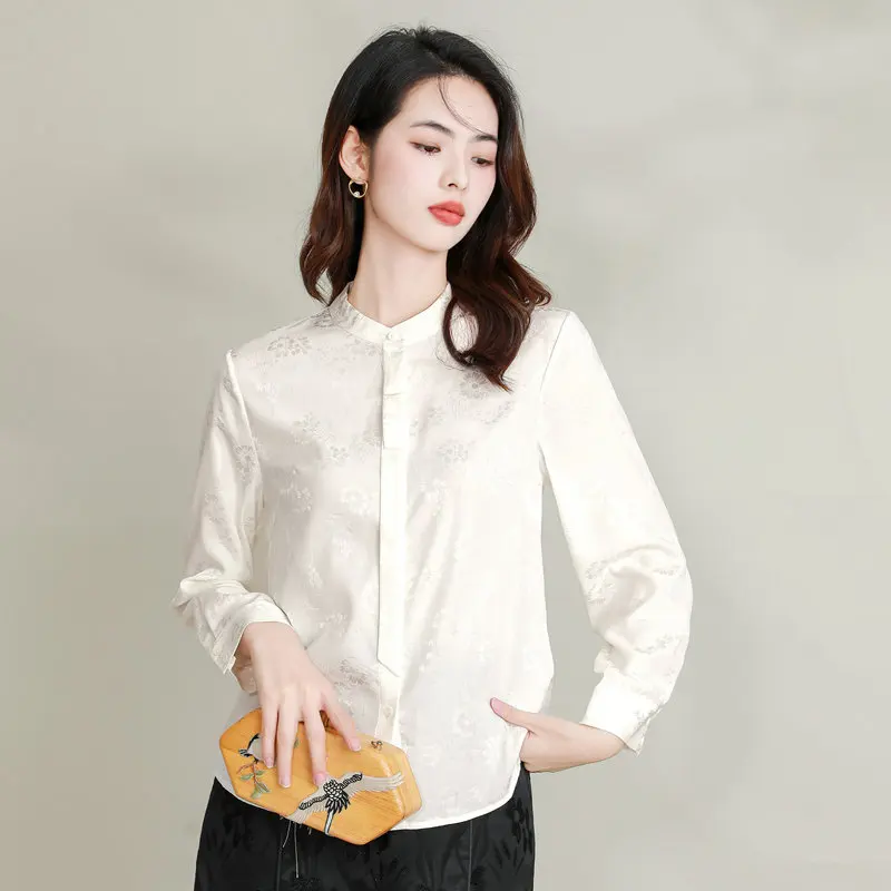 Office Lady Glossy Silk Shirts With Low-key Floral Pattern Jacquard Fabric Tops Women Mandarin Collar Shirts Spring Summer 2024 new chinese style office lady nude shirt silk with landscape patterns jacquard tops mandarin collar slanted placket shirts women