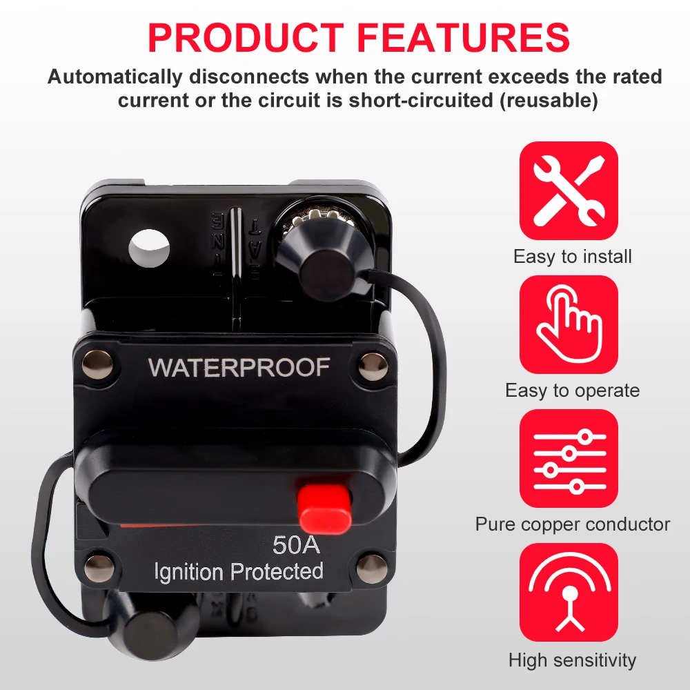 30A-300A Circuit Breaker 12V 24V DC Trolling with Manual Reset Boat Manual Power Protect for Audio Fuse Car 48VDC Waterproof
