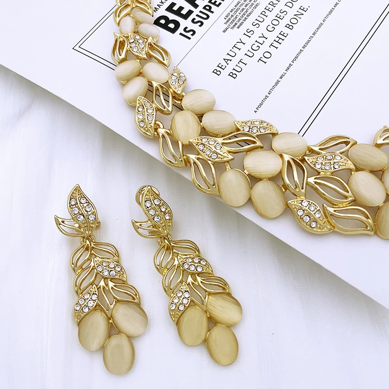 Latest Opal Jewelry Set For Women Elegant Dubai 18K Gold Plated Necklace Earrings Ring Bracelet Luxury Wedding Party Accessories