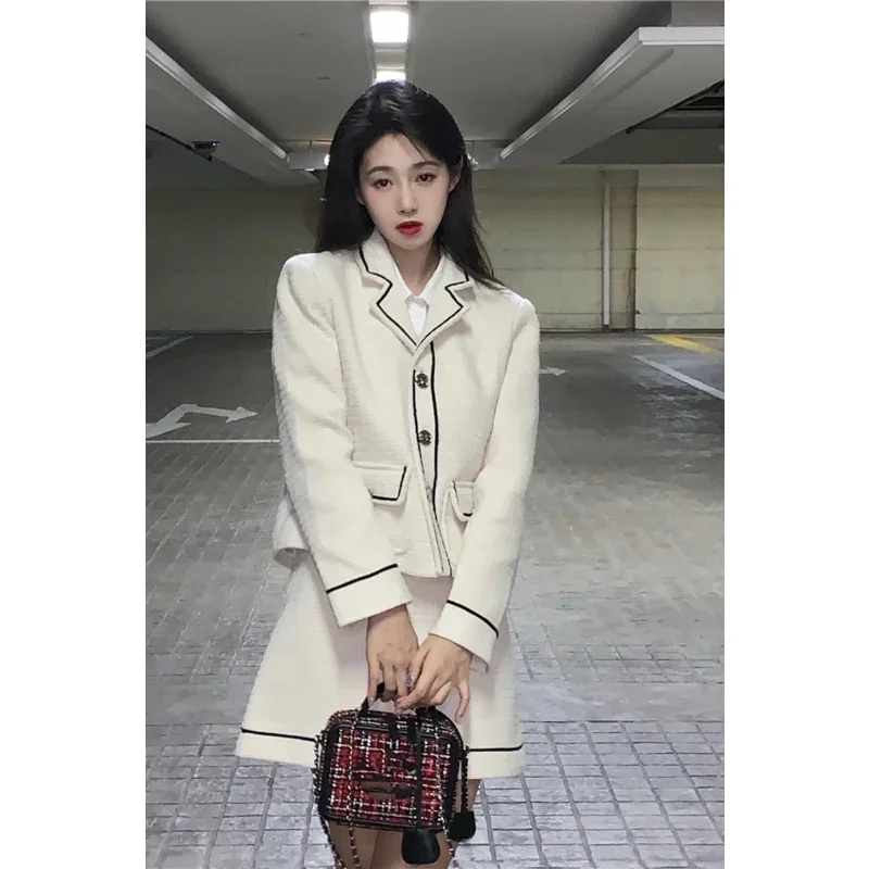 

UNXX Preppy Suits Sets Lapel Long Sleeve White Blazers Tops + A-line Pleated Skirt Two Piece Sets 2023 Spring Female Outfits