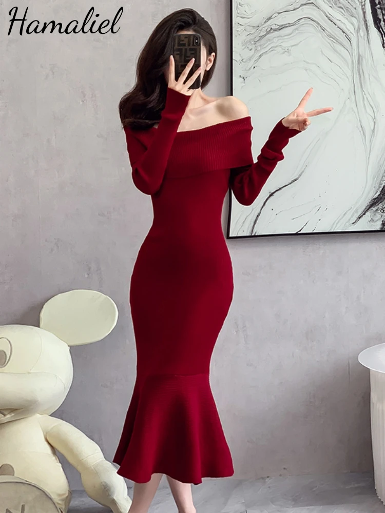 Sexy Off The Shoulder Knitted Red Mermaid Dresses Elegant