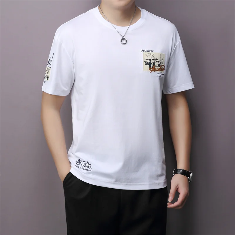 

AISHUNP мужская одежда с принтом улыбки мультфильм наклейка высокое качество хлопок Фитнес короткий рукав Футболка уличная одежда мужская футболка