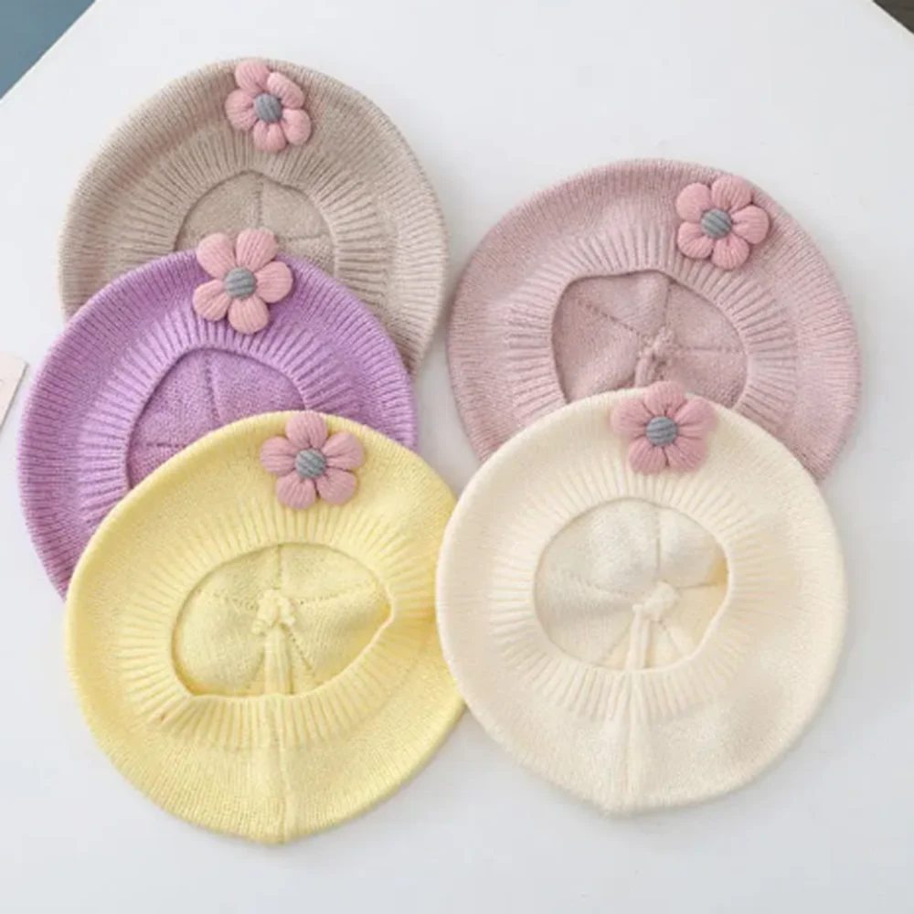 Flower Baby Beret Hat Winter Warm Knitted Beanie Cap for Infant Girls Korean Toddler Princess Artist Solid Color Painter Caps