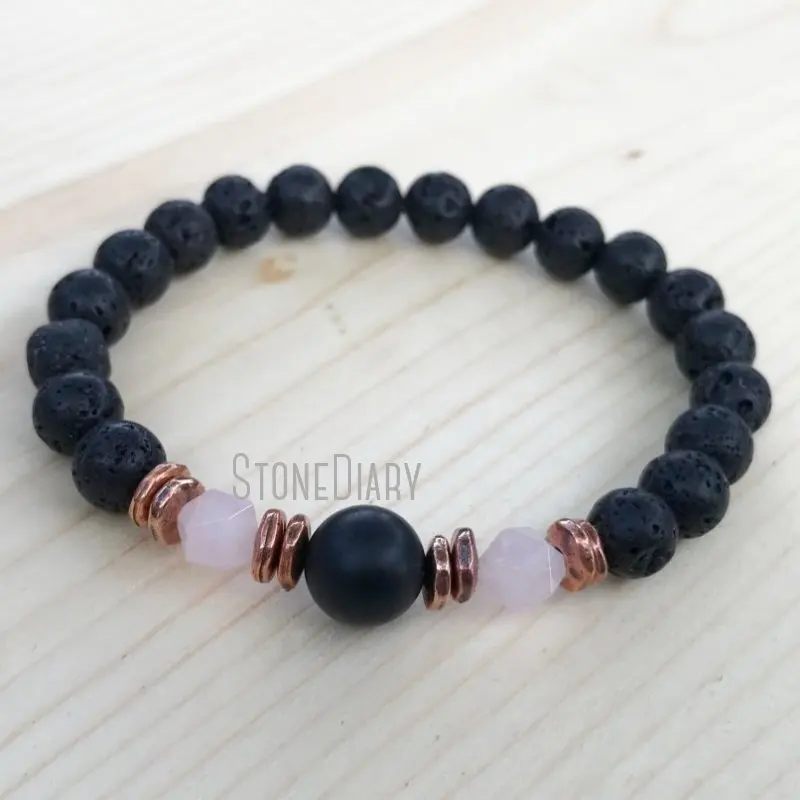 

WMB31684 Lava Rock Onyx Rose Quartz Healing Stone Wrist Mala Gold Plated Spiritual Prayer Beads Bracelet