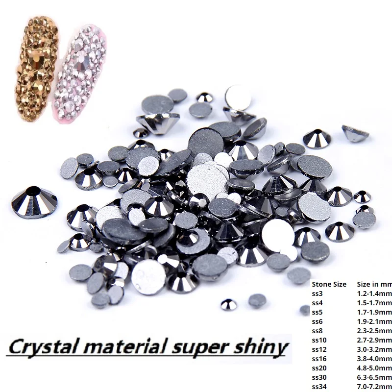 

Hematite ss3-ss34 Non Hotfix Crystal Rhinestones For Nails Art Decorations Round Flatback Glue On Glass Stones DIY Accessories