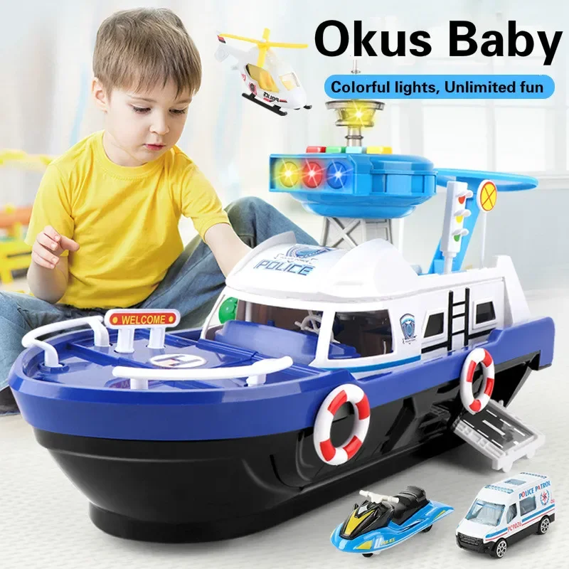 Big Size Music Boat Simulation Track Inertia Toy with 3 Cars and 1 Plane Story Lighting Ship Model Kids Early Educational Toy