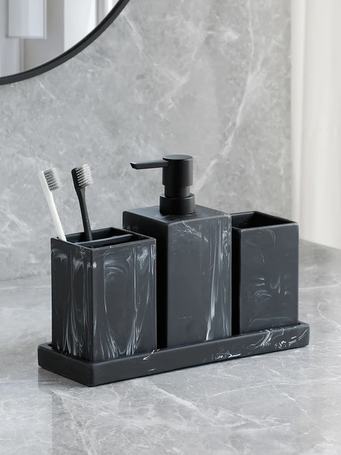 Accessori per il bagno Dispenser completo di sapone per lozione con motivo  in marmo, portaspazzolino, bicchiere, vassoio in resina materiale nero  bianco - AliExpress