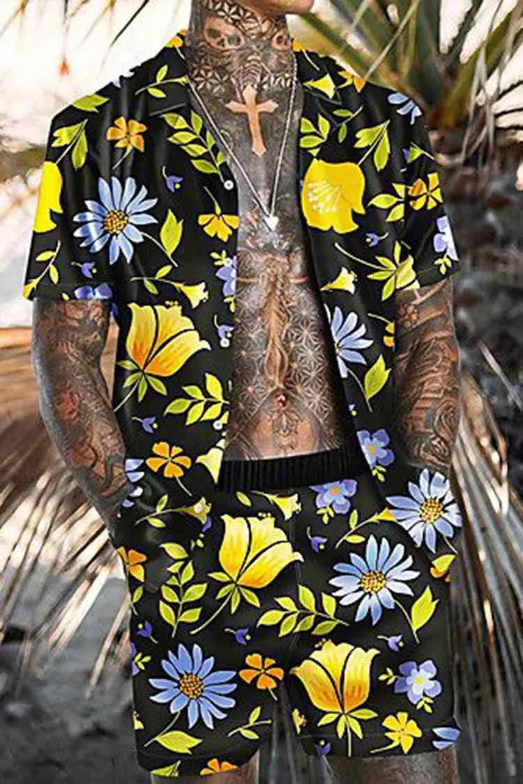 New Fashion Hawaiian Print Short Sleeve Shirt Set Men's Beach Coconut Print Shorts Men's Daily Beach Shirt Two-piece 4