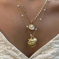 Ensemble de 2 pièces de bijoux pour femmes, style Boho, couleur or, coquille Marine, pendentif étoile de mer, chaîne de perles, multicouche, pliable 1