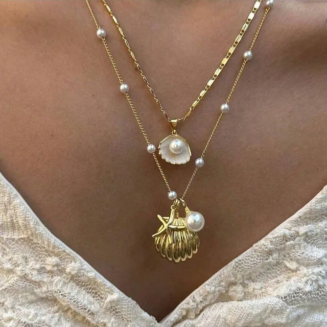 Ensemble de 2 pièces de bijoux pour femmes, style Boho, couleur or, coquille Marine, pendentif étoile de mer, chaîne de perles, multicouche, pliable 1