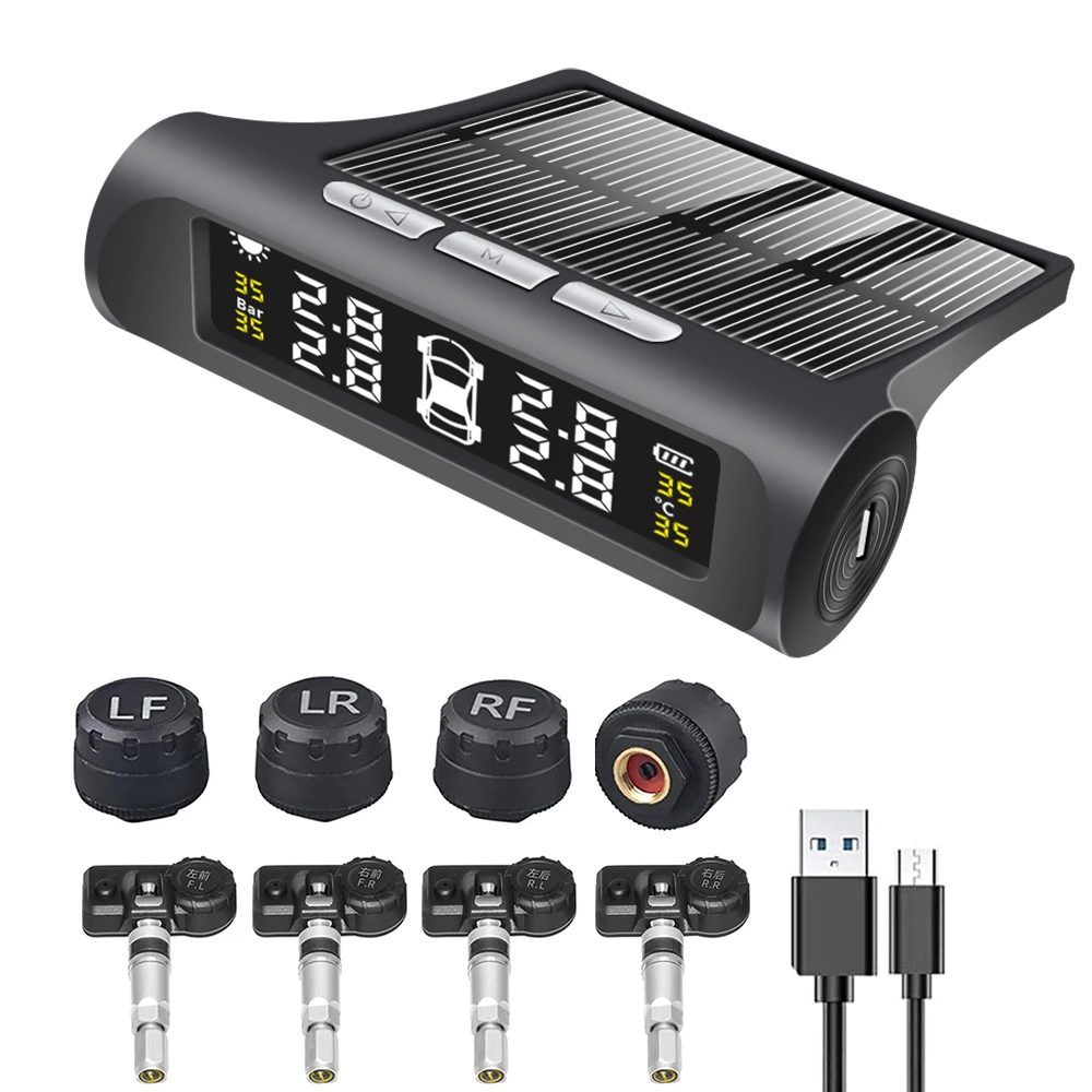 Car Tpms Sensor Solar Tire Pressure Gauge 4 Sensors Alarm Automotive Tire Pressure Monitoring