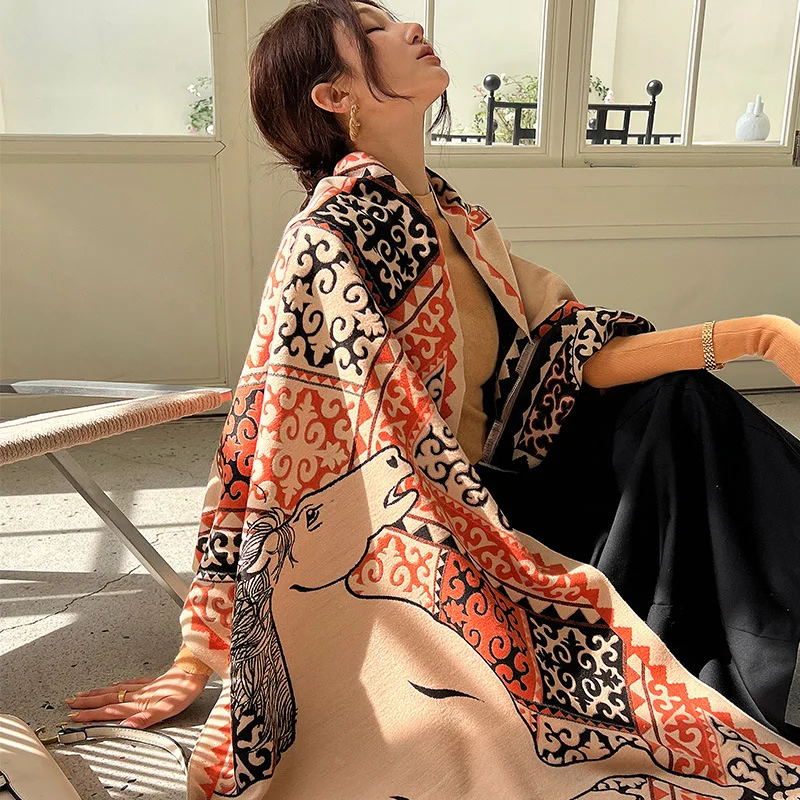 

New Retro Horse Print Cashmere Scarf Women Thick Winter Shawls Wraps Blanket Warm Female Pashmina Bufanda Poncho Bandana Office