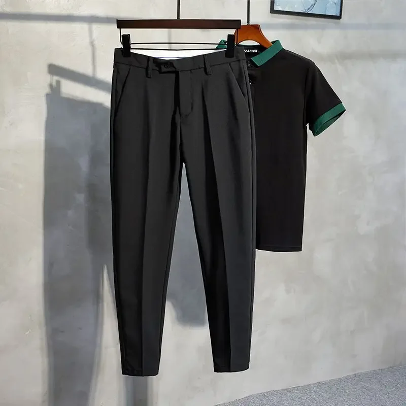 thumbnail image 1 of 9 pantalones de traje para hombre recortados, pantalones blancos para hombre, ropa de estilo coreano de lujo de alta calidad con drapeado fluido, licra, verano 2024, baratos, 1 of 5