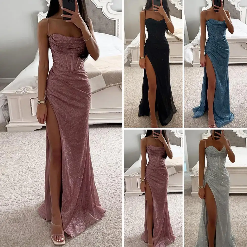 

Thigh Slit Maxi Dress Elegant Sequin Spaghetti Strap Evening Dress with Off Shoulder Detail High Split Women's Prom for Formal