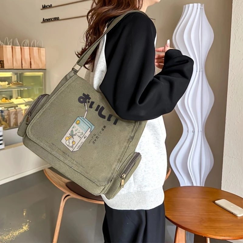 Japanese Style Women's Canvas Shoulder Bag Large Capacity Cartoon Print Crossbody Bag Messenger Bag Casual