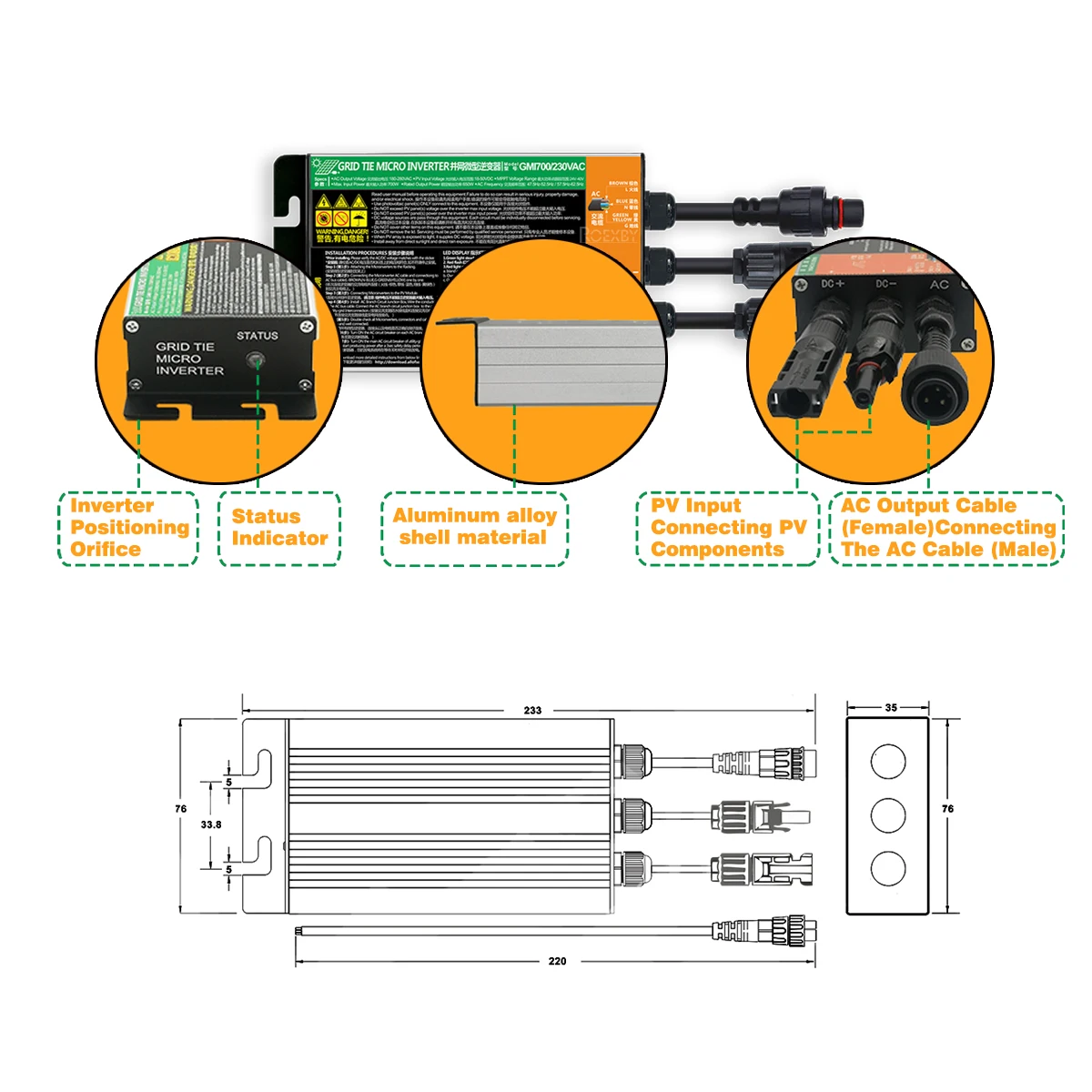 On-Grid Inverter 110V/220V Dual Option, 24V Start 50V Voc, Plug & Play Solar Mic