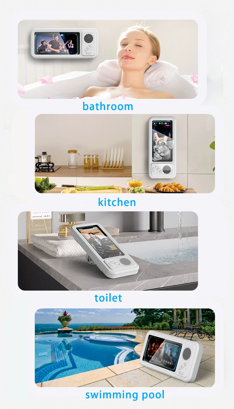 Funda de smartphone impermeable para baño con Altavoz Bluetooth, soporte de pared para teléfono, soporte antivaho para ducha, baño, cocina » Funda de smartphone impermeable para baño