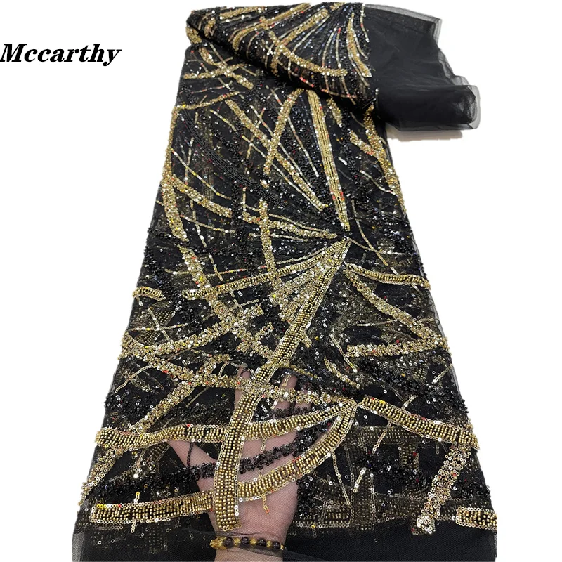 

Mccarthy 2023 Black Gold African Sequins Lace Fabric Luxury French Nigerian Beaded Mesh Lace Fabric High Quality Wedding Dress