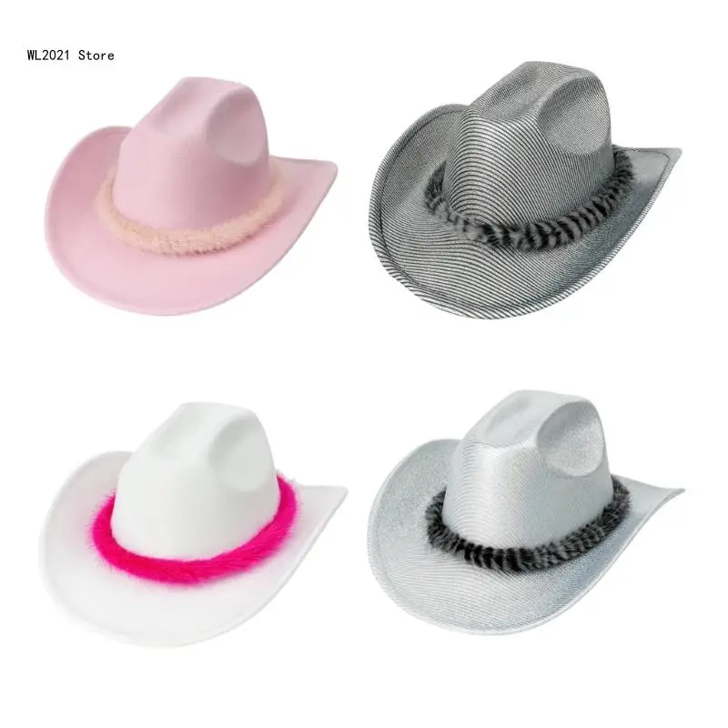 

Adult Cowboy Hats with Plush Hat Band Eye Catching Woman Cowgirl Hat Model Show Performances Photography Cowboy Hats